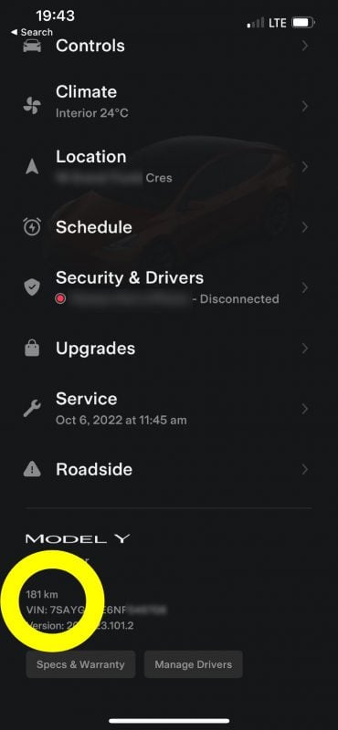 Odometer in Tesla app