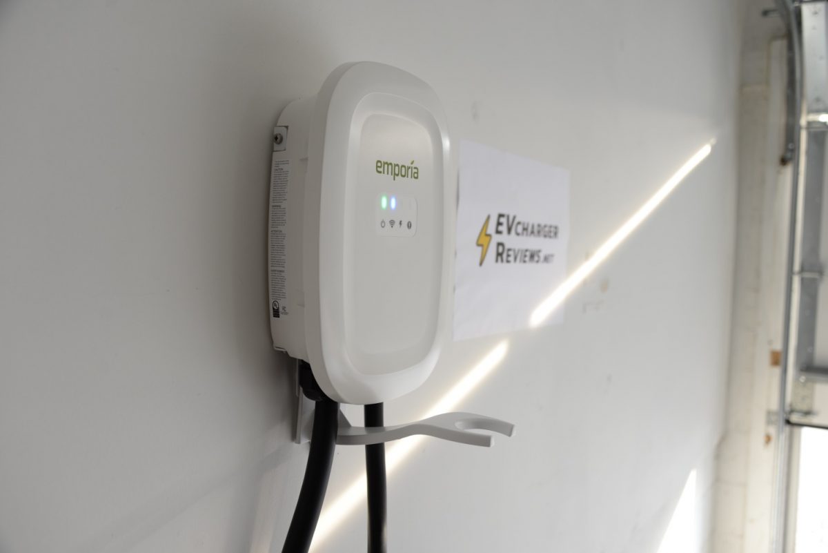 Emporia EV charger on wall in garage