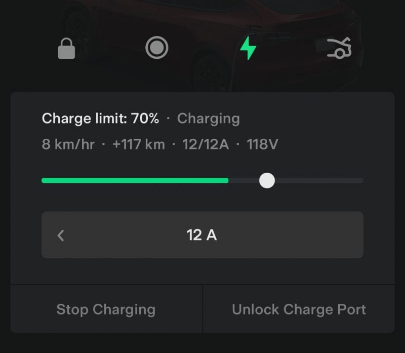 Charging controls within the Tesla app