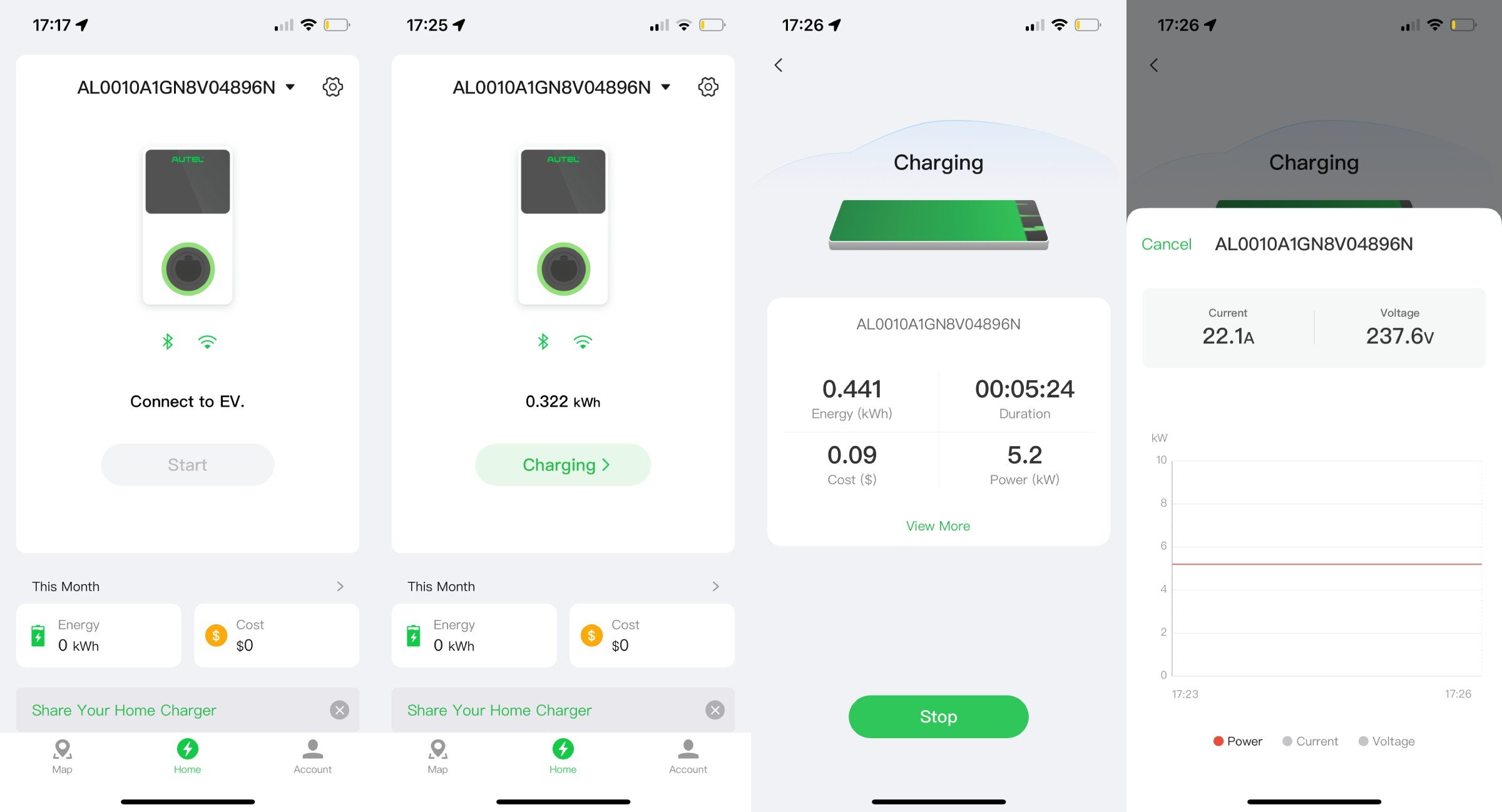 Autel app charging screens