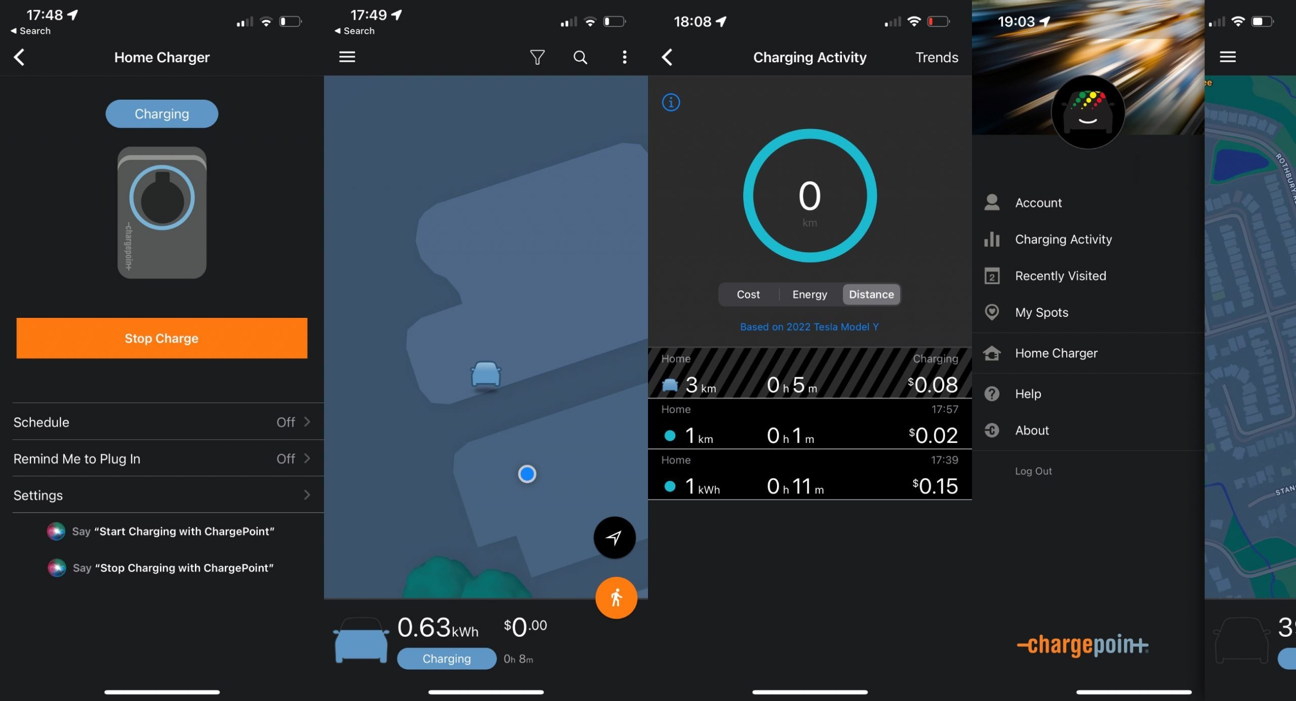 ChargePoint app operating screen