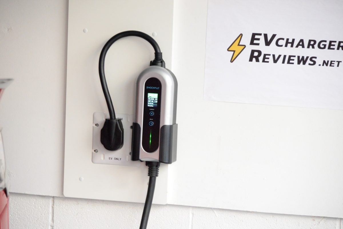 ShockFlo portable ev charger mounted on wall