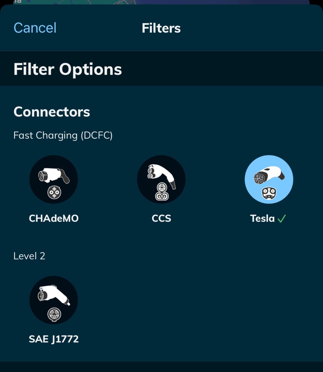 EVgo app filtering for Tesla connectors