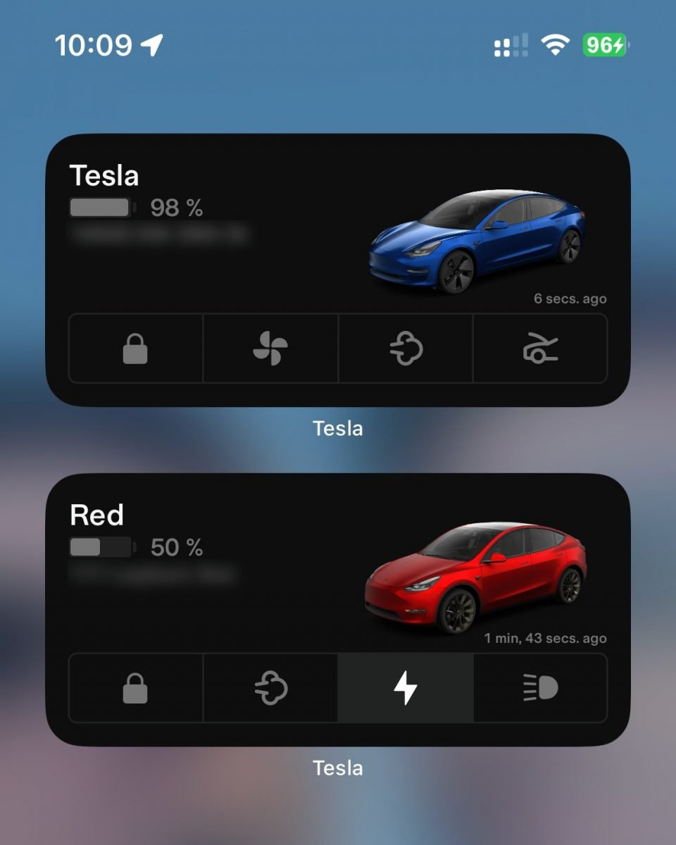 iOS Tesla app widgets with car controls and status
