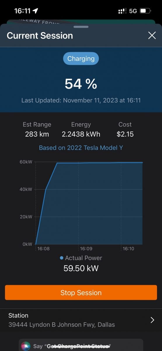 ChargePoint app displaying charging session