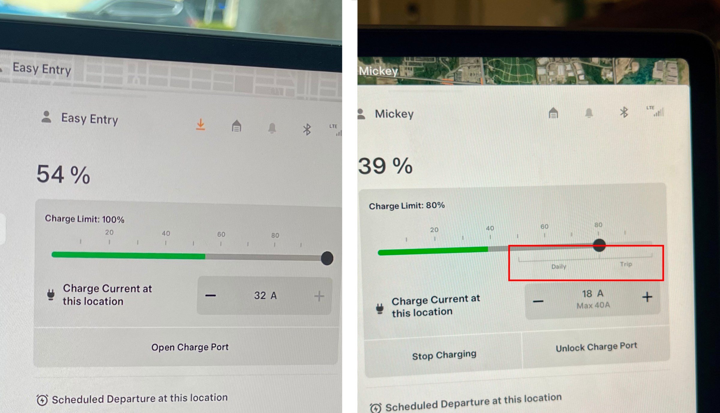 Charging screen on LFP Model 3 on the left and an NCA Model Y on the right