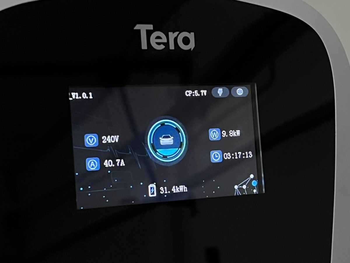 Tera EV home charger close-up of LCD display