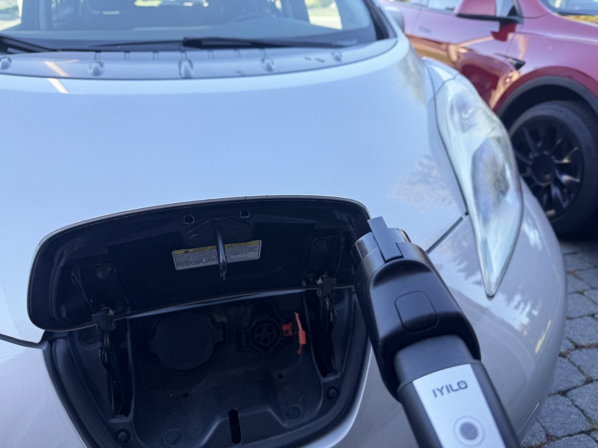 Charging port door on the front of our first gen Nissan Leaf.