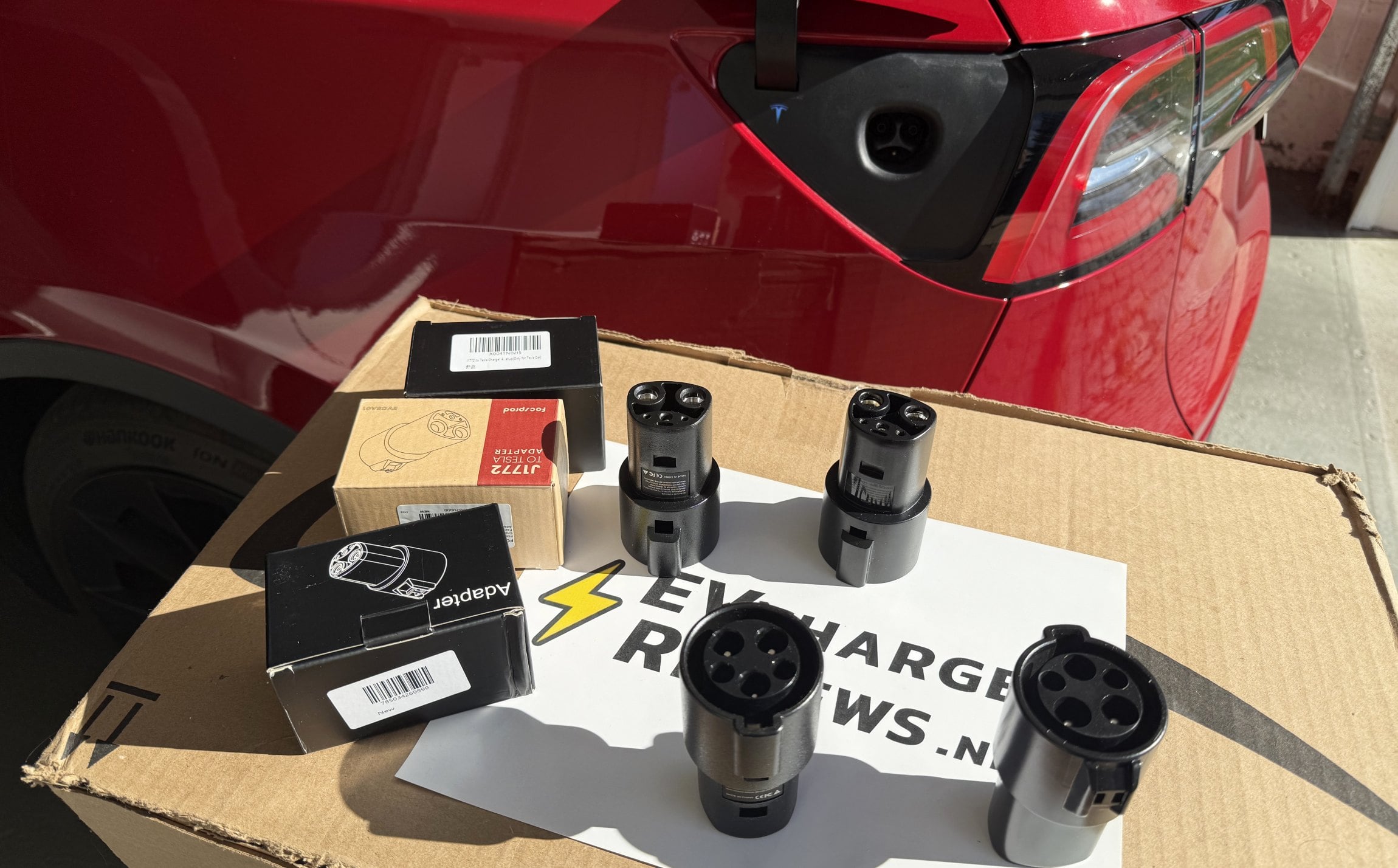J1772 to NACS adapters tested by EVchargerReviews in our garage
